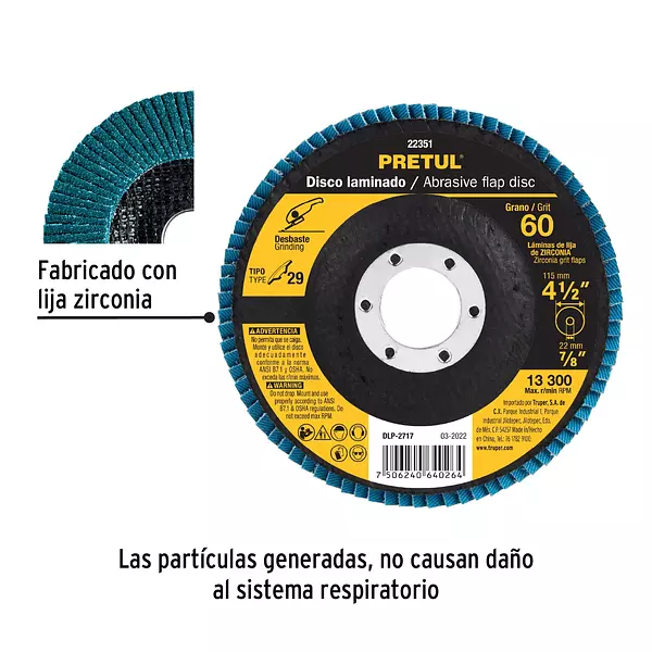 Disco Laminado 4-1/2", Grano 60 Centro 7/8", Fibra, Pretul