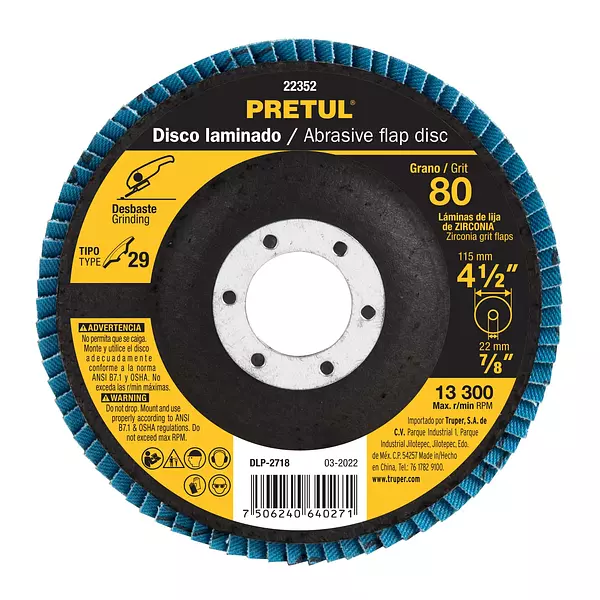 Disco Laminado 4-1/2", Grano 80 Centro 7/8", Fibra, Pretul