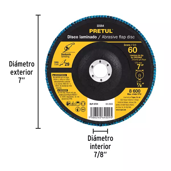 Disco Laminado 7", Grano 60 Centro 7/8", Fibra, Pretul