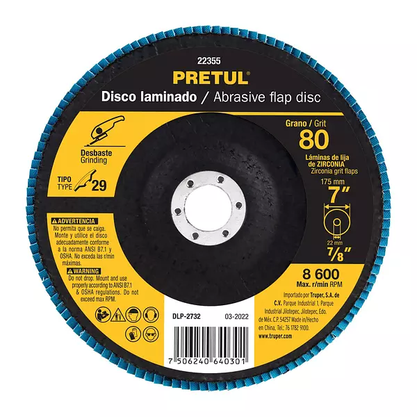 Disco Laminado 7", Grano 80 Centro 7/8", Fibra, Pretul