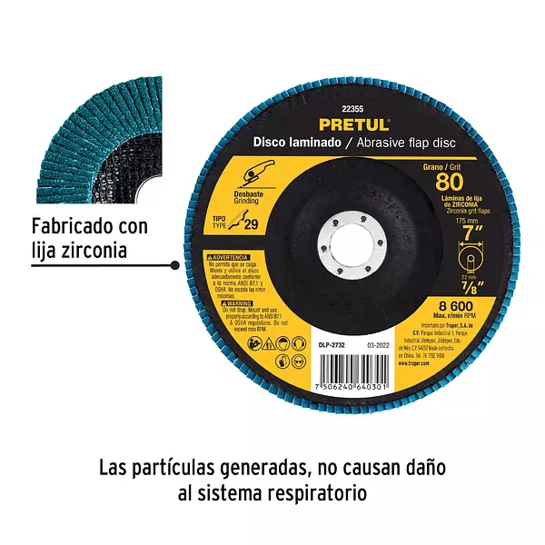 Disco Laminado 7", Grano 80 Centro 7/8", Fibra, Pretul