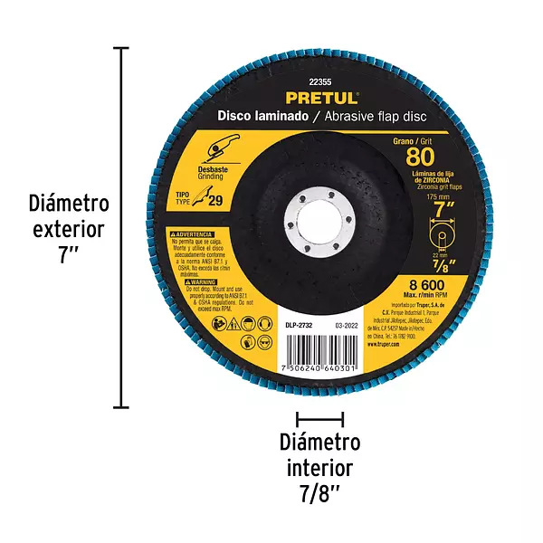 Disco Laminado 7", Grano 80 Centro 7/8", Fibra, Pretul
