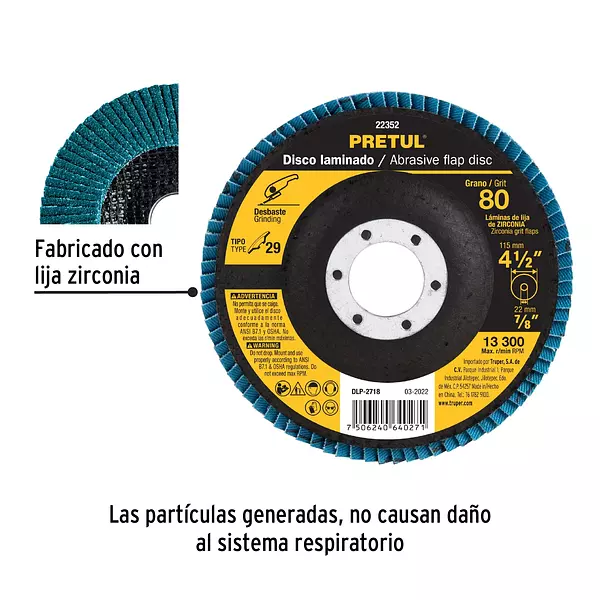 Disco Laminado 4-1/2", Grano 80 Centro 7/8", Fibra, Pretul