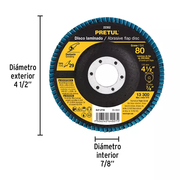 Disco Laminado 4-1/2", Grano 80 Centro 7/8", Fibra, Pretul