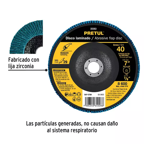 Disco Laminado 7", Grano 40 Centro 7/8", Fibra, Pretul
