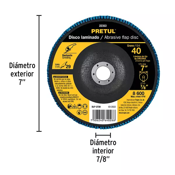 Disco Laminado 7", Grano 40 Centro 7/8", Fibra, Pretul